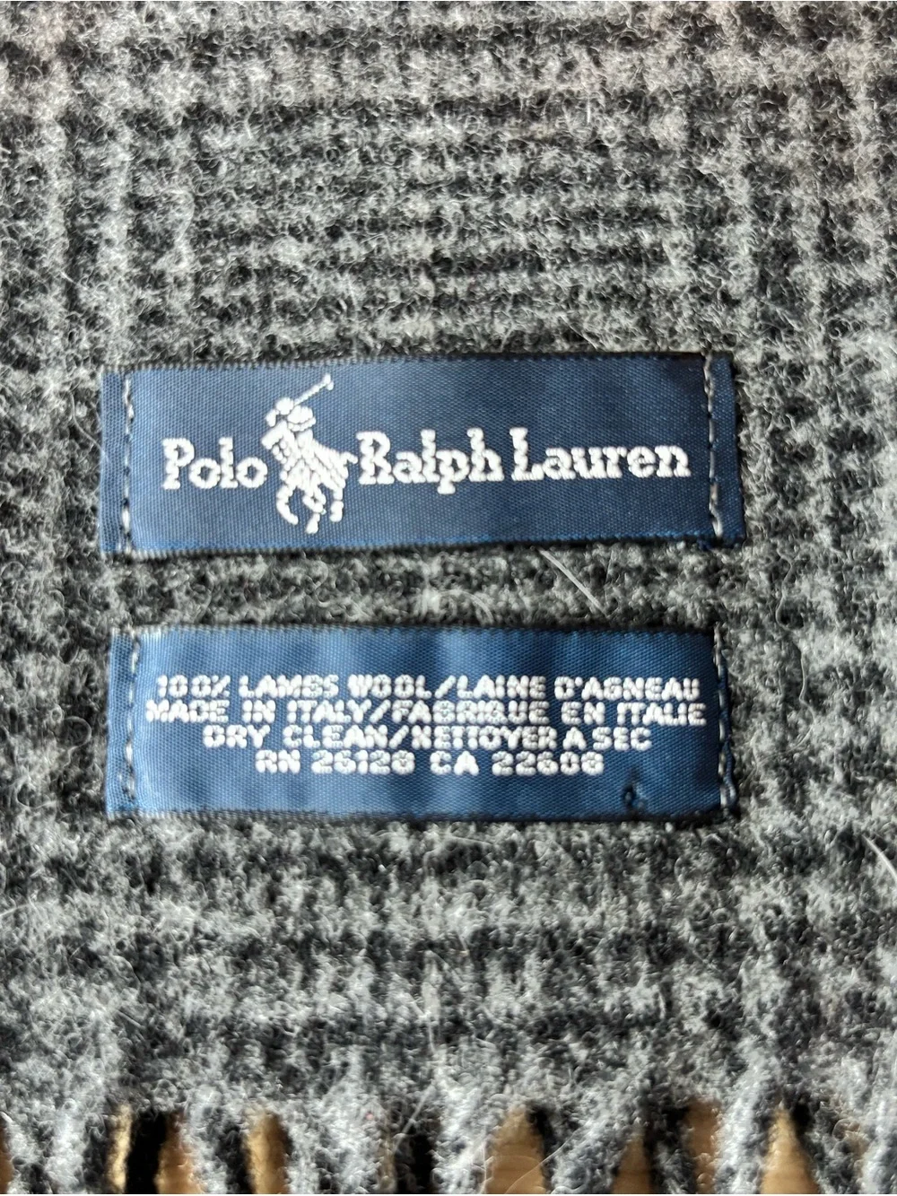 Polo Ralph Lauren Lambswool Blend Scarf Made in Italy Gray Glen Plaid Fringed